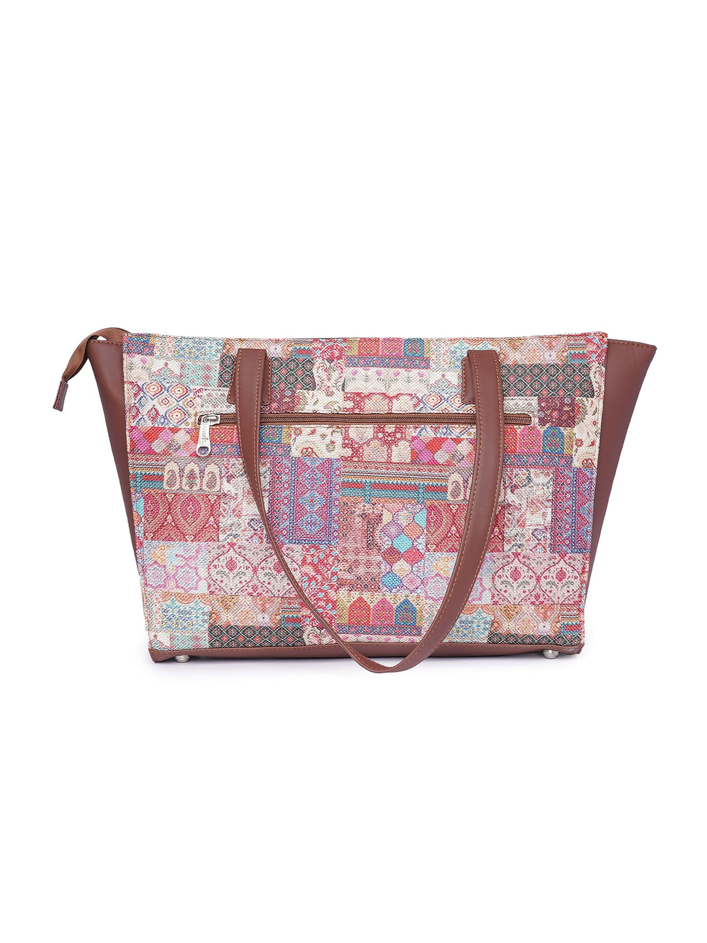 ZOUK Kutch Gamthi Abstract Printed Women Jute Vegan Leather Multicolor Office Tote Bag for Ladies With Laptop Compartment