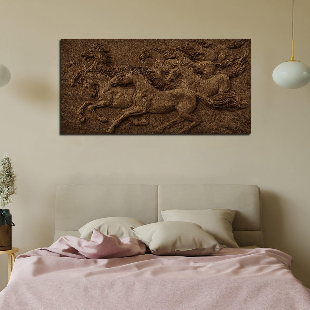 VIBECRAFTS Canvas Paintings for Living Room Drawing Room 3D Seven Horses Running Premium Wall Painting Fitted with Wooden Frame for Home|Office|Gift(PTVCH_2296NV)