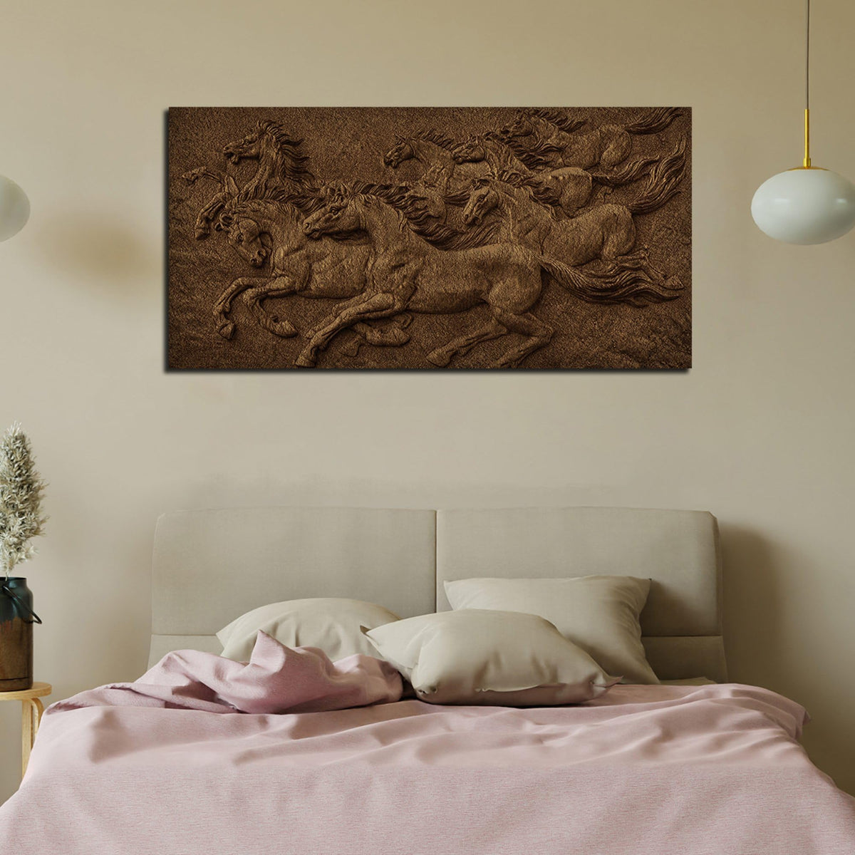 VIBECRAFTS Canvas Paintings for Living Room Drawing Room 3D Seven Horses Running Premium Wall Painting Fitted with Wooden Frame for Home|Office|Gift(PTVCH_2296NV)