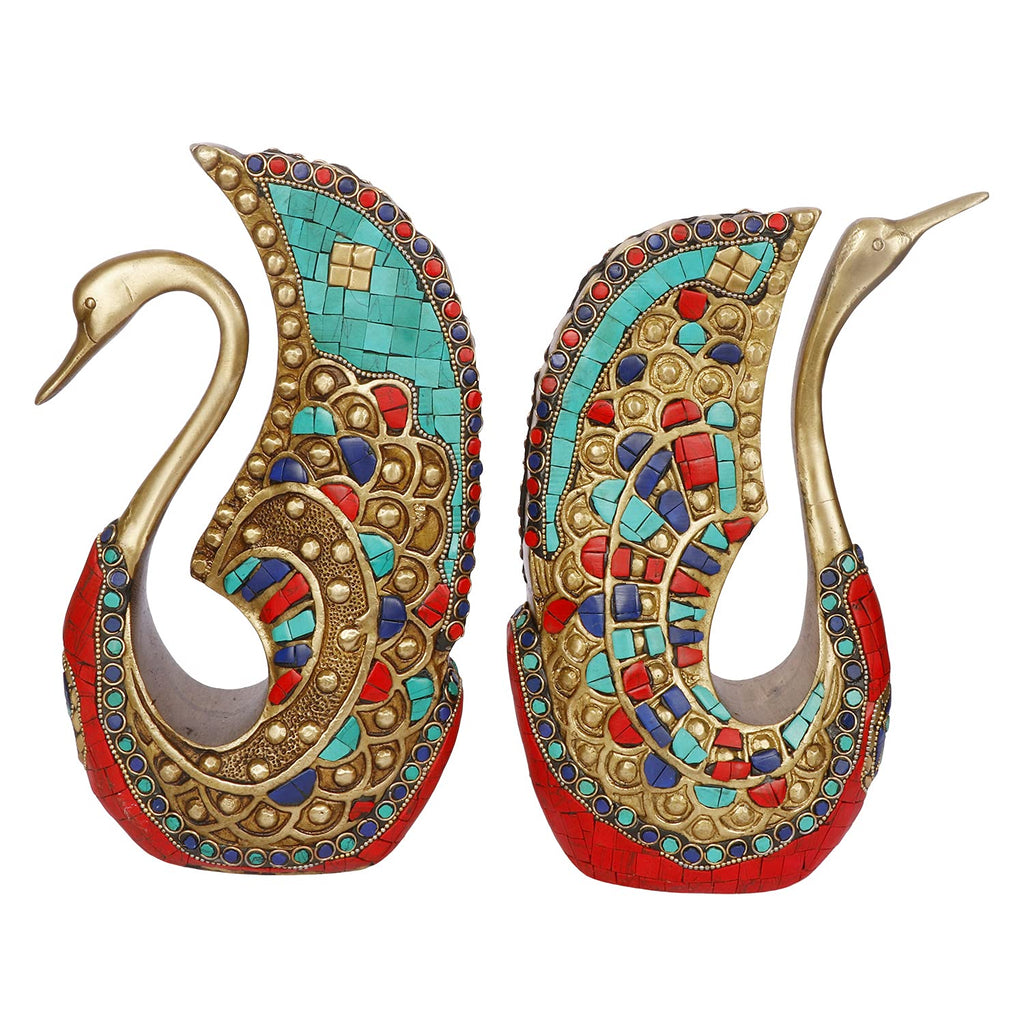 ARTVARKO Brass Swan | Duck Pair Turquoise Statue Vastu Love Couple Decorative Animal Gift Showpiece Height 9.5 Inches