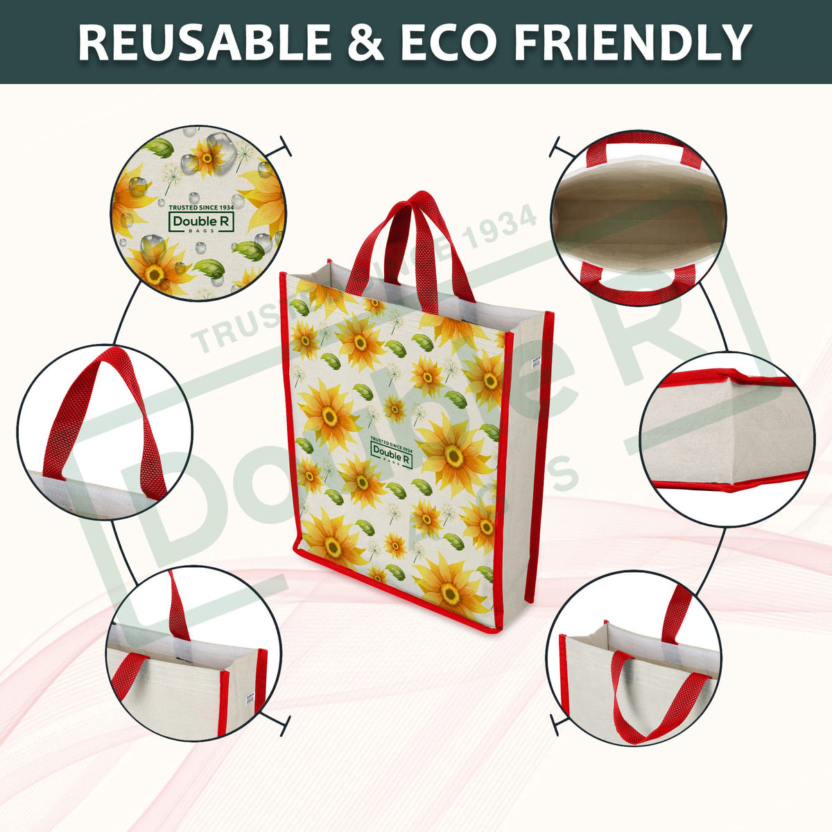 DOUBLE R BAGS Unisex Big Eco Cotton Canvas Shopping Bag for Grocery, Milk, Fruits & Vegetables | Reusable Tote with Reinforced Handles | Sunflower Print, 34x9.5x39.5 cm, 1 Compartment (Pack of 1)
