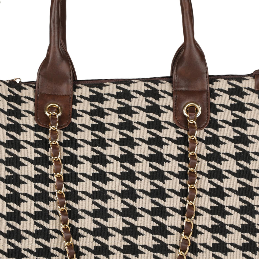 MINI WESST Women's Printed Synthetic Leather Tote Bag for Office, College and Party (Black) (Brown Black check)