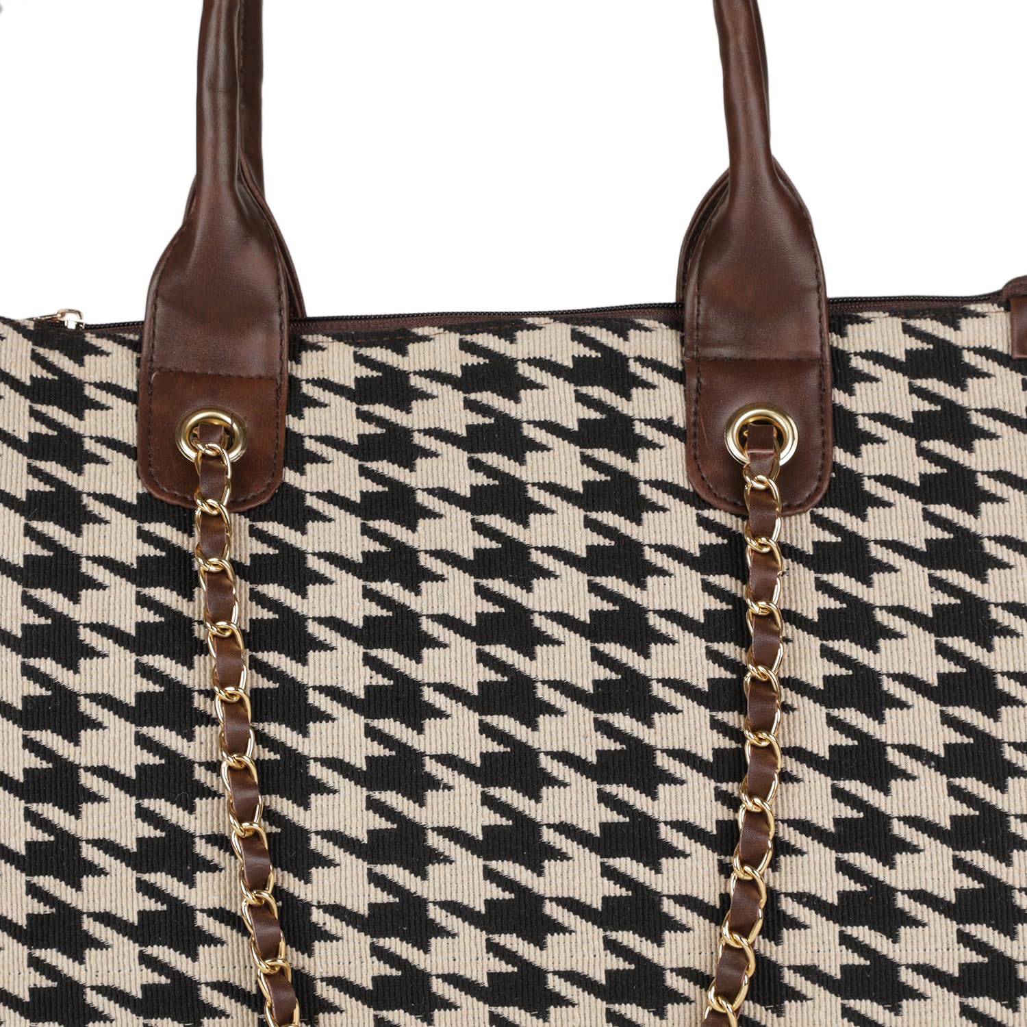 MINI WESST Women's Printed Synthetic Leather Tote Bag for Office, College and Party (Black) (Brown Black check)