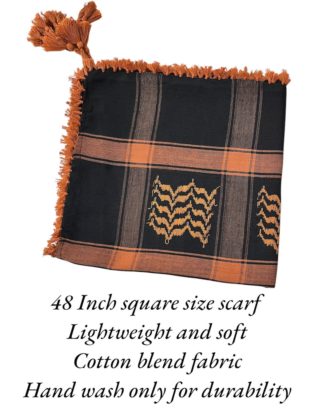 Square Cotton Blend Classic Head Ghutra Army Arabian Multi Purpose Scarf, 48 Inch, Black and Copper color Embroidered Palestine shawl with Tassels