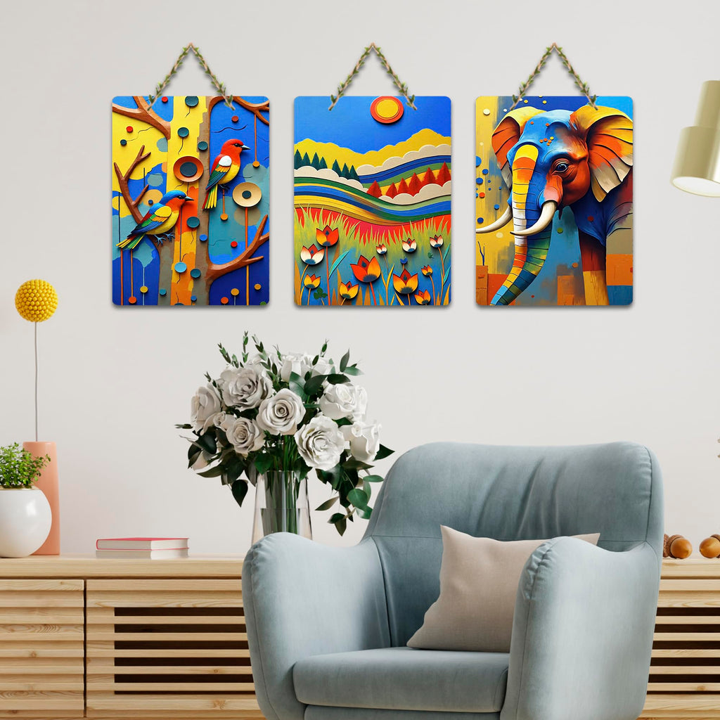 Artvibes Modern Abstract Art Wooden Wall Hanging for Home Decor | Living Room | Trendy Decor | Modern Art Paintings | Wall Poster | Wall Accents | Artworks Hangings | Ideal Gifts (WH_9697N), Set of 3