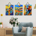 Artvibes Modern Abstract Art Wooden Wall Hanging for Home Decor | Living Room | Trendy Decor | Modern Art Paintings | Wall Poster | Wall Accents | Artworks Hangings | Ideal Gifts (WH_9697N), Set of 3