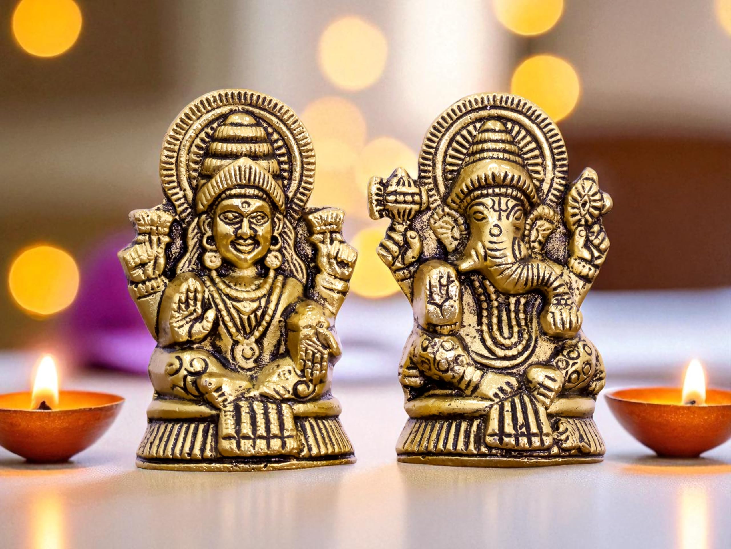 KridayKraft Metal Laxmi & Ganesh Idol Pair – Gold-Finish Mini Statues (7.5 cm × 4 cm Each), 160 g – Auspicious Home Puja Decor & Diwali Gift