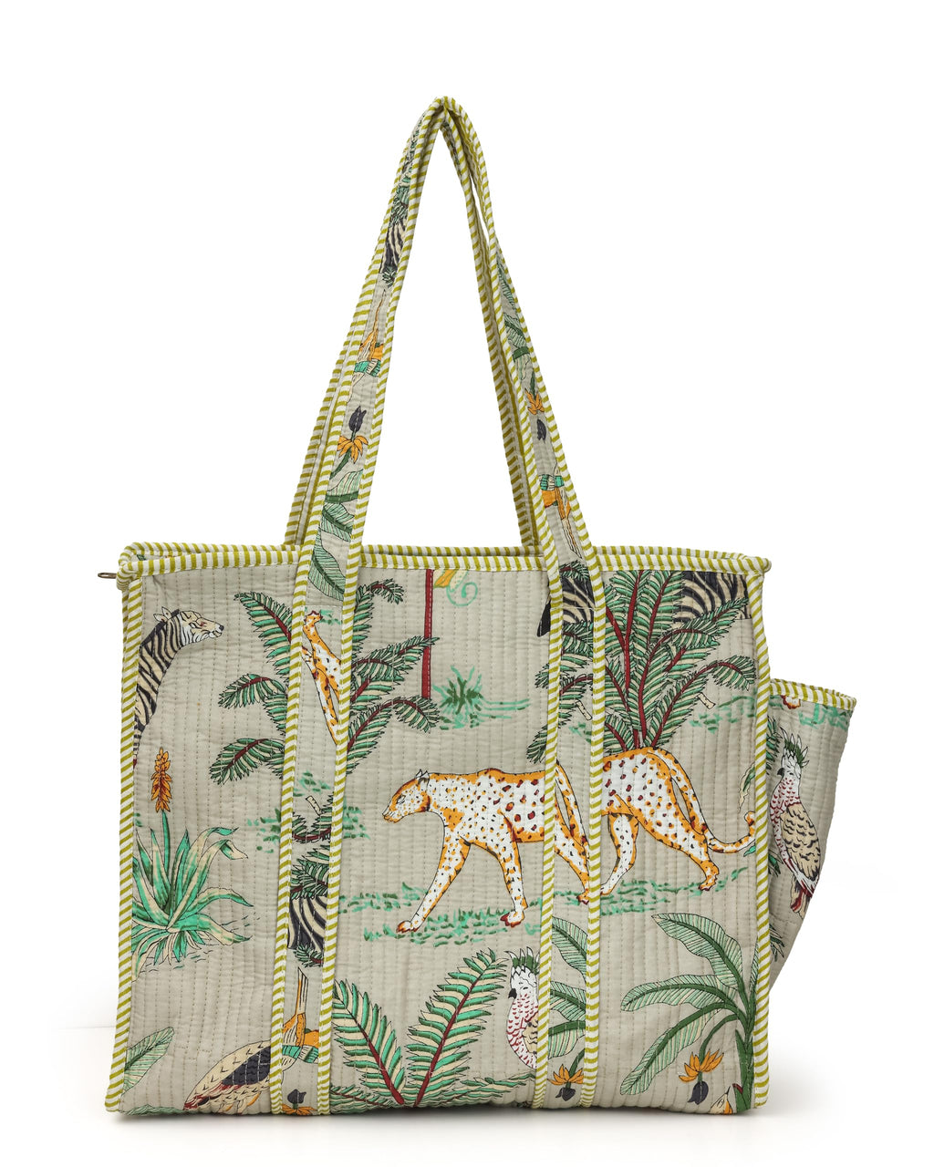NIKAVIK Quilted Cotton Tote bag – Exotic Animal Print Foldable and Ideal for Travel Shopping Beach Trips or Daily Essentials (Beige)
