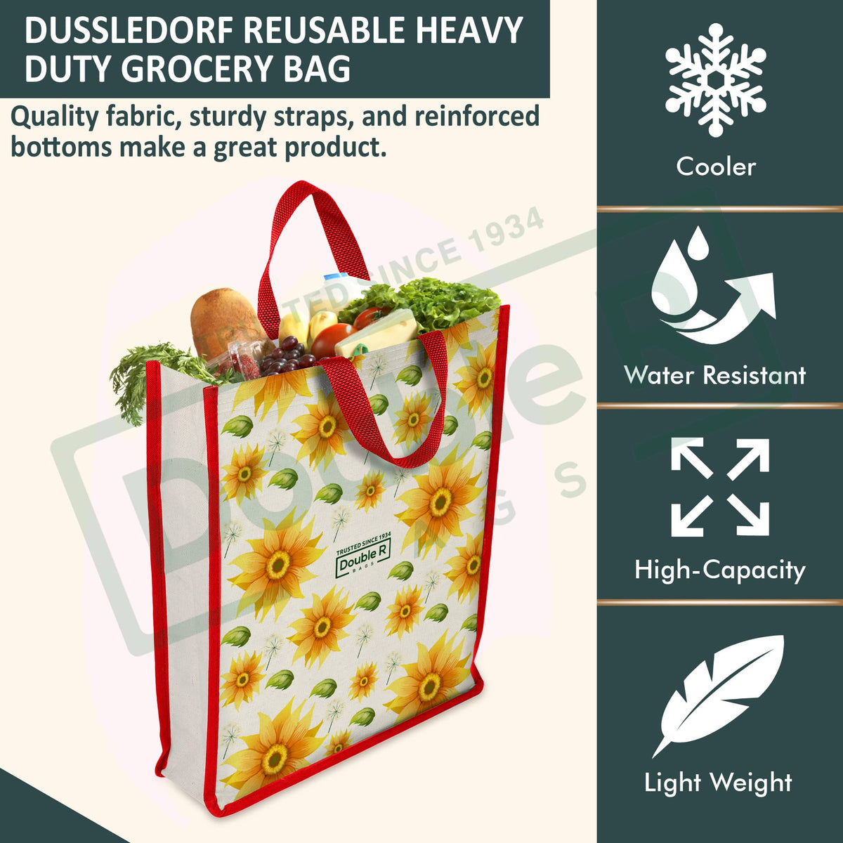 DOUBLE R BAGS Unisex Big Eco Cotton Canvas Shopping Bag for Grocery, Milk, Fruits & Vegetables | Reusable Tote with Reinforced Handles | Sunflower Print, 34x9.5x39.5 cm, 1 Compartment (Pack of 2)