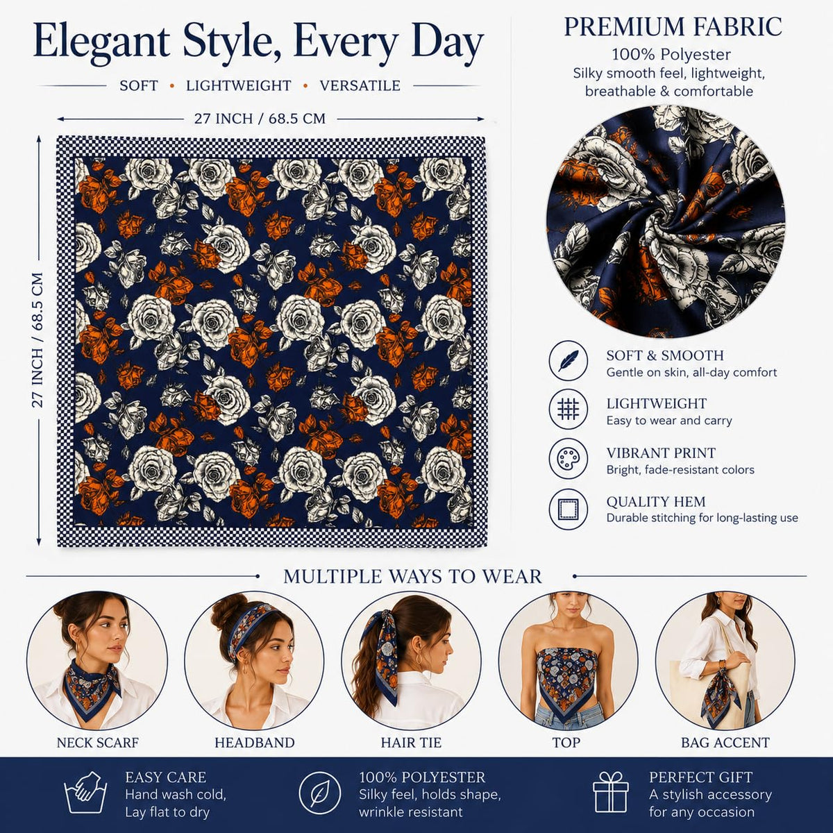 ESTA Satin silk-feel Head Scarf for Women Stylish Bandanas for Women Head Neck Stole Wrap floral Print Square Bandana Gift (27.5x27.5inch)