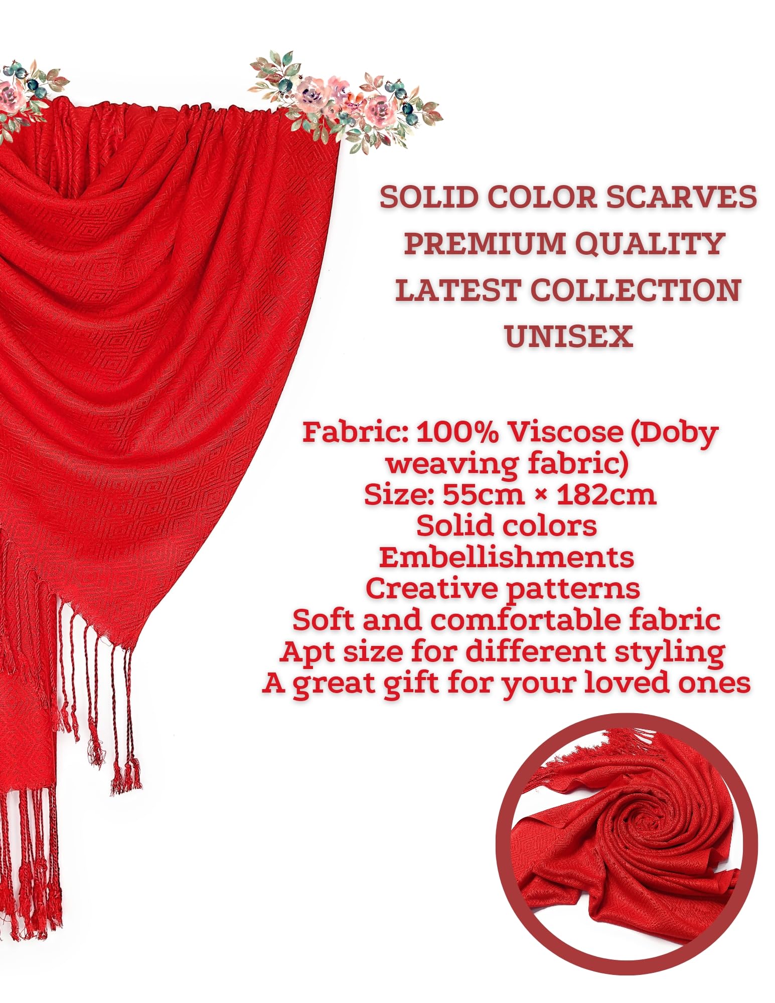 Chandwasia Viscose Dobby Weaving Scarf Stole | For Neck Covering Head Wrap Shoulder Drape Travel Casual Daily Use | Viscose Fabric | Red | Men Women | Long Shawl Wrap | Soft Texture Comfort Style
