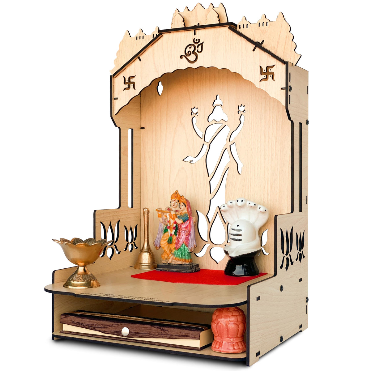 Townside® Moksha Temple Wooden Pooja Mandir for Home & Office, Puja Stand for Floor & Wall with LED Light (H: 20, L: 12, W: 12 inches) Modern Beige