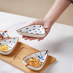 Nestasia Ceramic Serving Platter | 4 Small Leaf-Shaped Plates with 1 Wooden Tray | Perfect for Serving Sweets, Cookies, Dry Fruits, Mouth Freshner & Snacks (Blue & White)