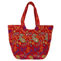 Craft Trade Women's Cotton Tote Bags with Zip 36x30x12 Cm Embriodery Mirror Work Leaf Print Shopping Handbag - Red
