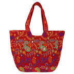 Craft Trade Women's Cotton Tote Bags with Zip 36x30x12 Cm Embriodery Mirror Work Leaf Print Shopping Handbag - Red