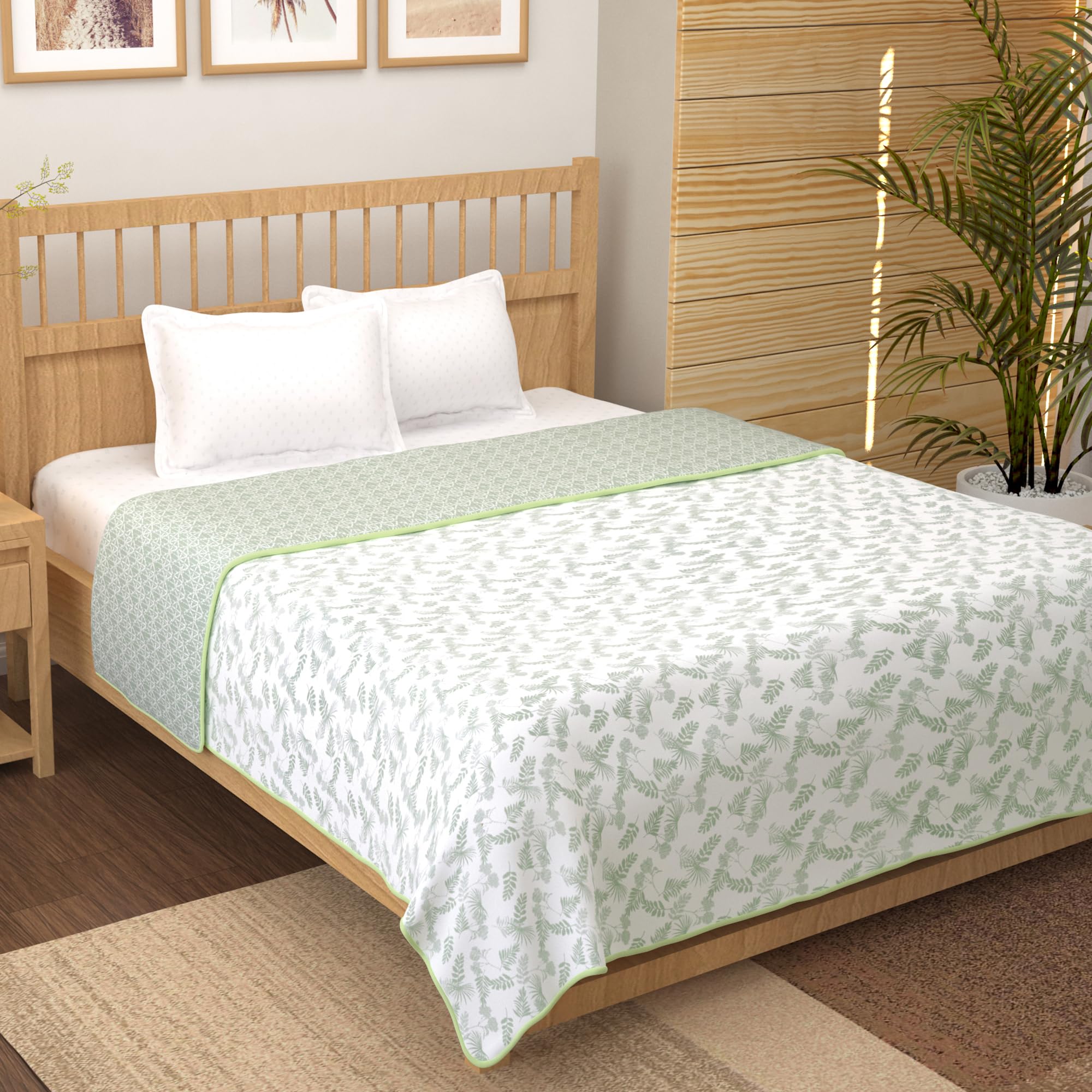 Story@Home Dohar Single Bed 100% Cotton AC Blanket for Summer | 144x220CM, 150GSM Ac Comforter and AC Blanket for Summer | White & Light Green Leaf Reversible Duvet Quilt All-Season Blanket Kafalo