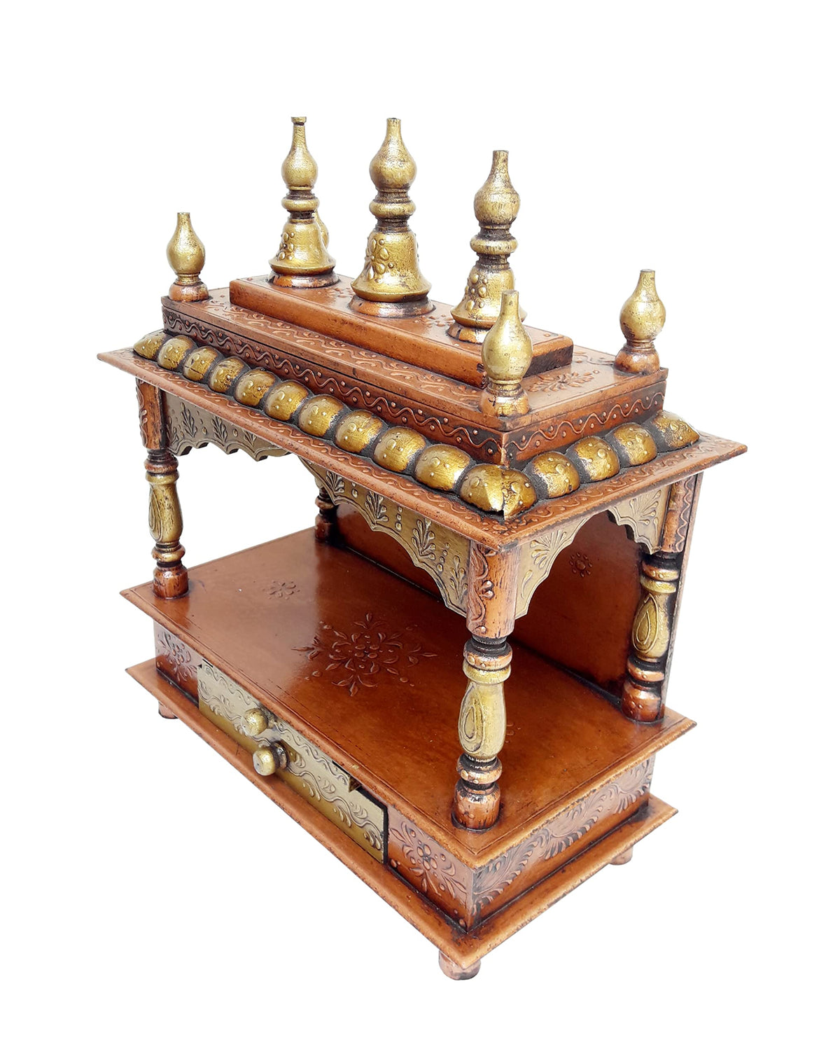 Vipron Wood Pooja Mandir Temple for Home Handicraft Hindu Pooja Ghar Mandap for Worship Copper Gold Painted Home Wall Decor Shrine