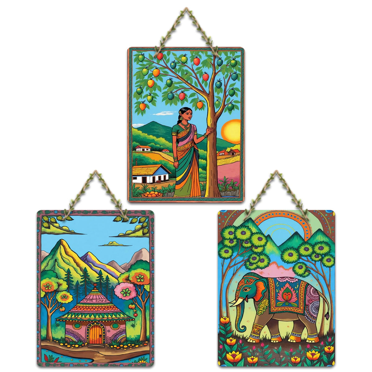 Artvibes Village Life Indian Folk Art Wall Hanging Decoration Item For Home | Living Room | Birthday Gift | Decorative Items For Home Wall | Wooden Wall Hanging Decoration |Door Decor Item (WH_9678N)