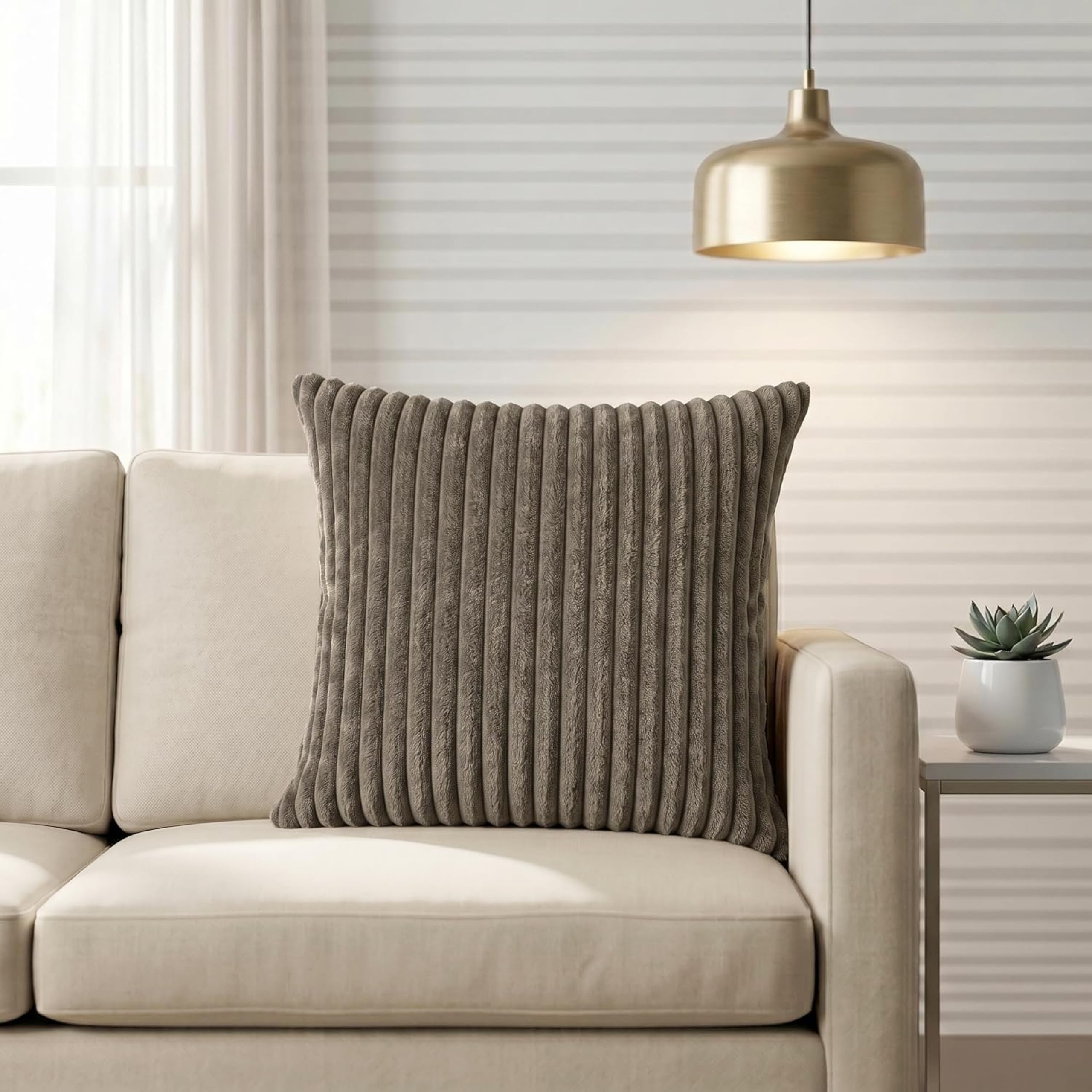 Yellow Weaves Pencil-Stripe Fur Cushion Covers | Soft Polyester | Decorative Sofa & Throw Pillow Covers | 16x16 Inches, Pack of 1 (Mouse)