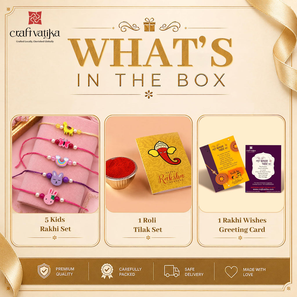 CraftVatika Rakhi for Kids Rakhi Set of 5 for Brother Sister Boys Girls Kids, Rakhis for Rakshabandhan, Designer Thread Raki for Toddlers Children, Rakshabandhan Combo with Best Wishes Card & Tillak
