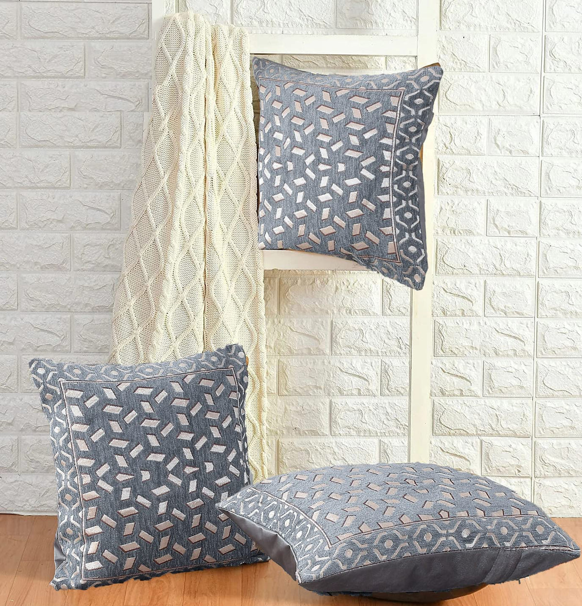 DECOMIZER Jacquard Geomteric Cushion Covers 24 Inch X 24 Inch Set Of 3 Ethnic Motifs 240 TC Cushion Covers,Design- Bricks,Color- Grey