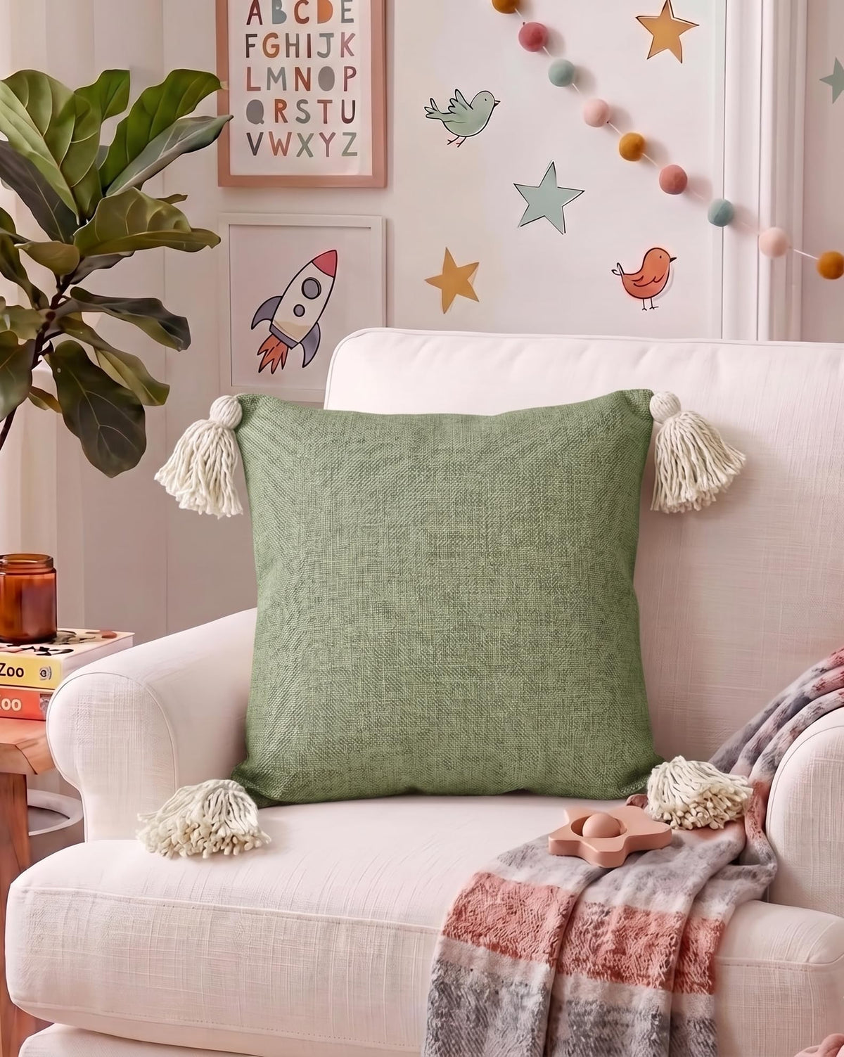 Furnistitchs Solid Boho Cushion Cover 16x16 Inches, Premium Natural Slub Fabric Throw Pillow Case with Tassels for Sofa, Couch, Living Room & Bedroom 40x40 cms, 5 pc - Sage Olive