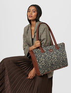 ZOUK FloMotif Floral Printed Jute Handcrafted Vegan Leather Women's Black Structured Tote Bag Contemporary