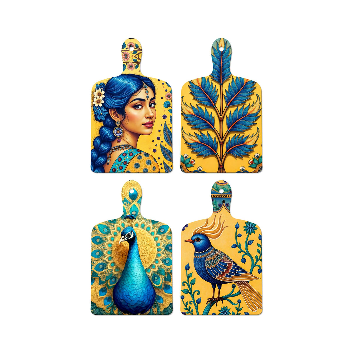 Artvibes Peacock Bird & Beautiful Women Traditional Modern Art Wooden Art Decoration Item for Home | Wall Accent | Sceneries | Wall Illustrations | Graphic Artwork | Gift Items (WH_5633N), Set of 4