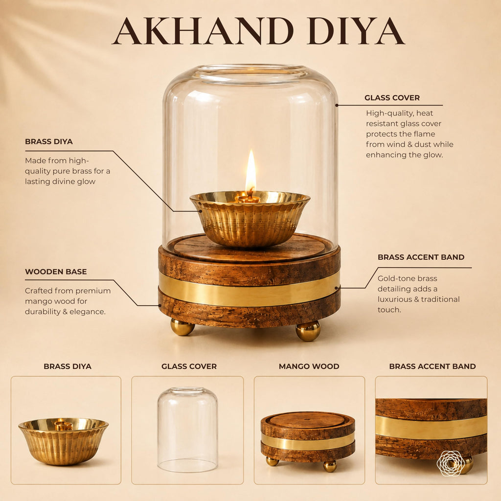 BEHOMA Akhand Brass Diya with Borosilicate Glass Cover & Wooden Base