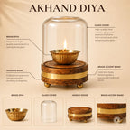 BEHOMA Akhand Brass Diya with Borosilicate Glass Cover & Wooden Base