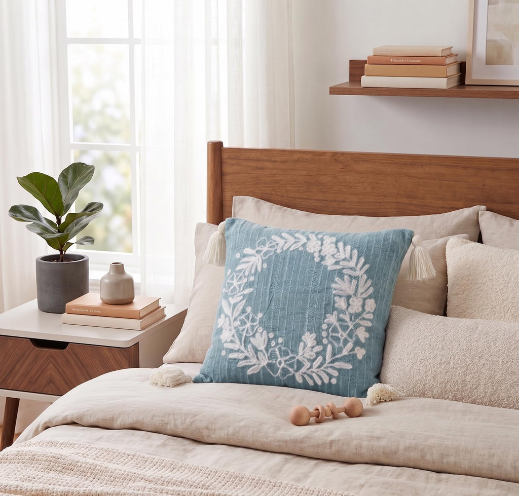 Furnistitchs Handmade Tufted Boho Cushion Covers 12x12 Inches | Embroidered Sofa Pillow Cases | Rustic Bohemian Decorative Throw Cushions for Couch Bedroom Living Room (2, Green Garland)