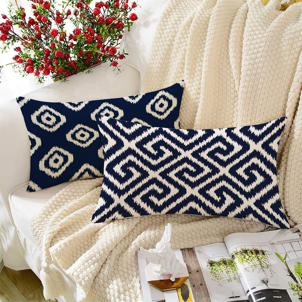 STITCHNEST Set of 2 Polycotton Cushion Covers – 12x18 Inches – Blue & White Ikat Geometric Print – Elegant Cushion Covers for Sofa & Living Room | Perfect for Home Decor