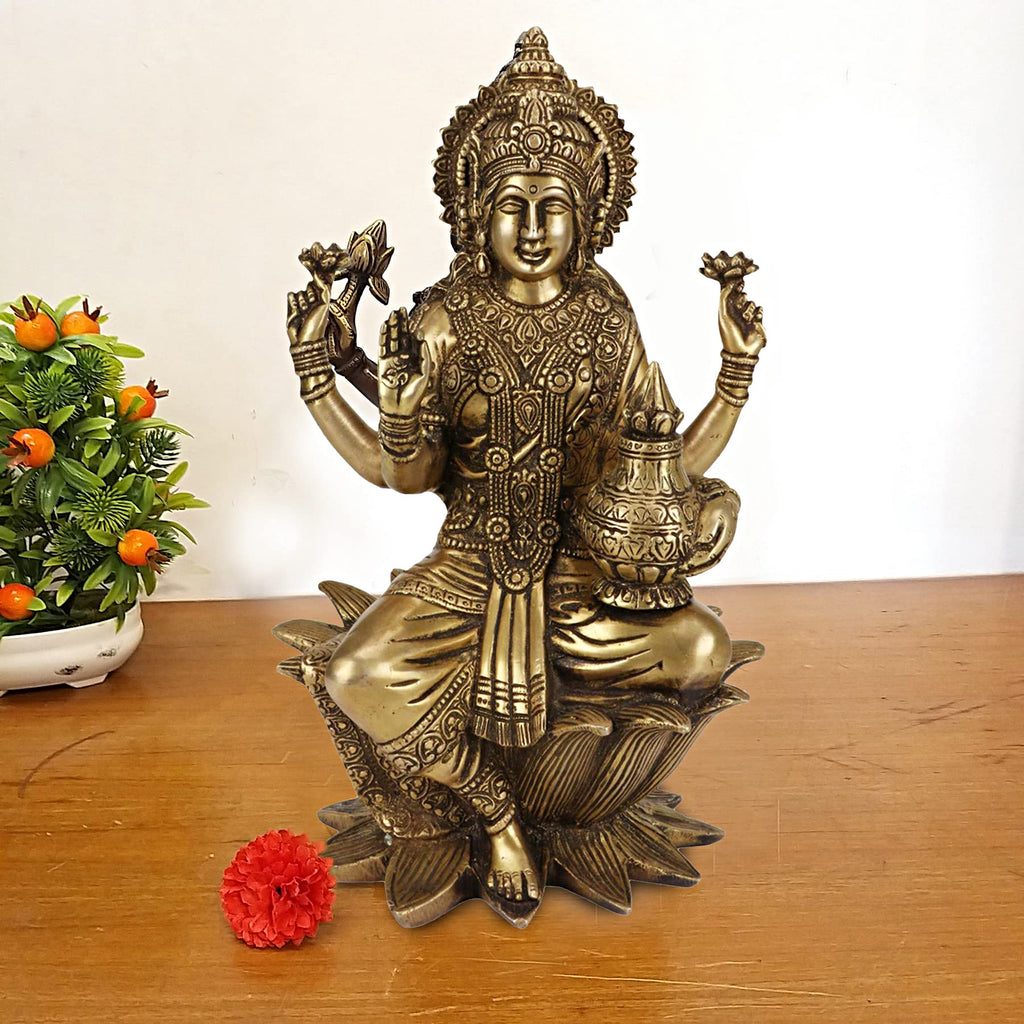 ARTVARKO Goddess Maa Laxmi Idol Brass Statue Sitting in Lotus Lakshmi MATA for Temple Puja Home Decor 12 Inch