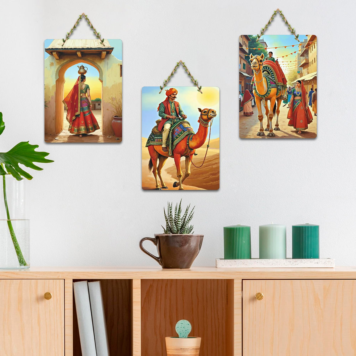 Artvibes Traditional Rajasthani Village Life Theme Decorative Wall Hanging Ornaments | Wall Sculpture | Signs & Plaques | Handcrafted Art | Artwork | Wall Poster | Ideal Gifts (WH_9662N), Set of 3
