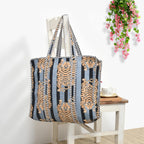 MITTICO Quilted Cotton Tote Bag for Women – Handmade Large Shoulder Handbag with Zipper & Multiple Pockets | Lightweight Travel Tote for Office, Shopping & Daily Use | Black Stripe Tiger Print