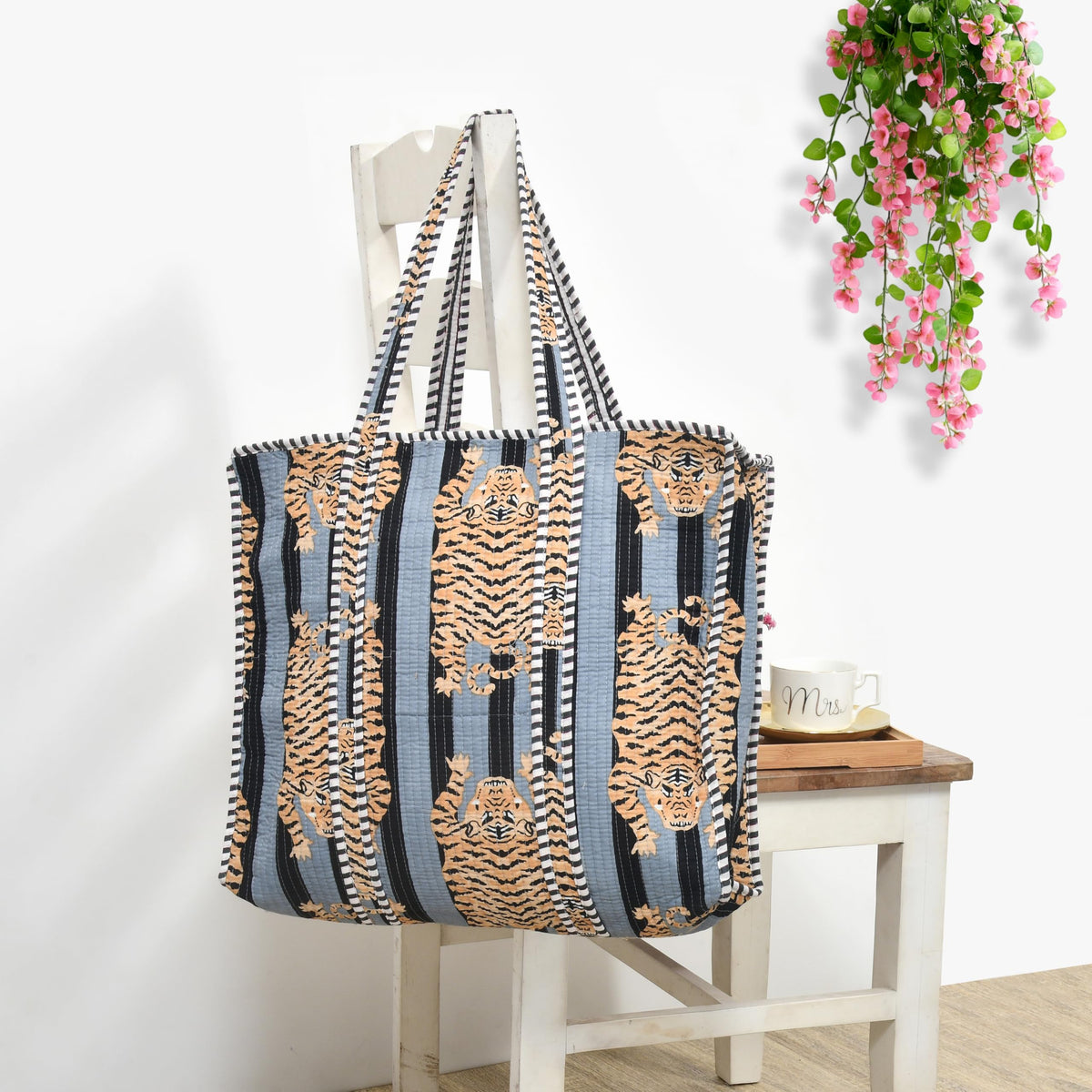 MITTICO Quilted Cotton Tote Bag for Women – Handmade Large Shoulder Handbag with Zipper & Multiple Pockets | Lightweight Travel Tote for Office, Shopping & Daily Use | Black Stripe Tiger Print