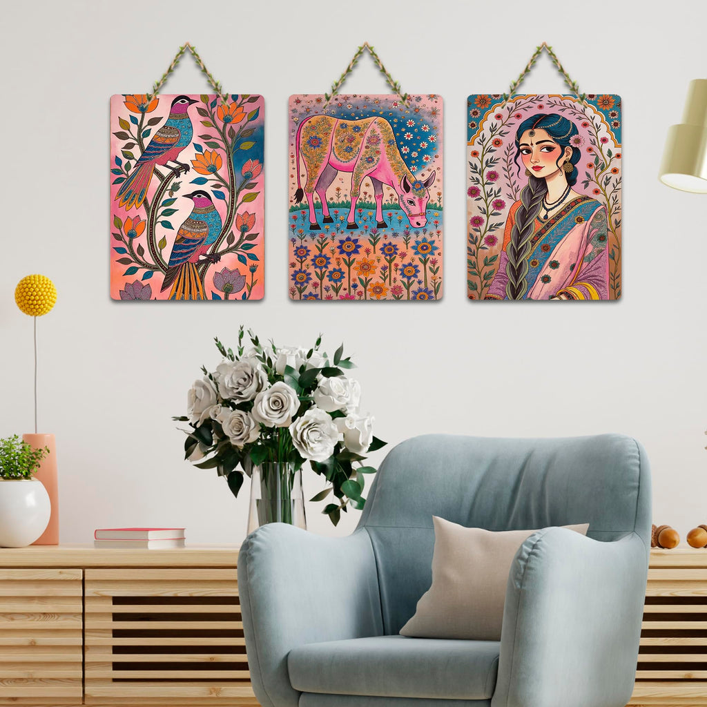 Artvibes Beautiful Women Sacred Cow & Floral Birds Wooden Art Decoration Item for Home | Garden Balcony| Stylish Modern Decor | Wall Illustrations | Trendy Decor | Unique Gift (WH_9694N), Set of 3