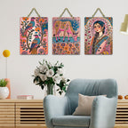 Artvibes Beautiful Women Sacred Cow & Floral Birds Wooden Art Decoration Item for Home | Garden Balcony| Stylish Modern Decor | Wall Illustrations | Trendy Decor | Unique Gift (WH_9694N), Set of 3
