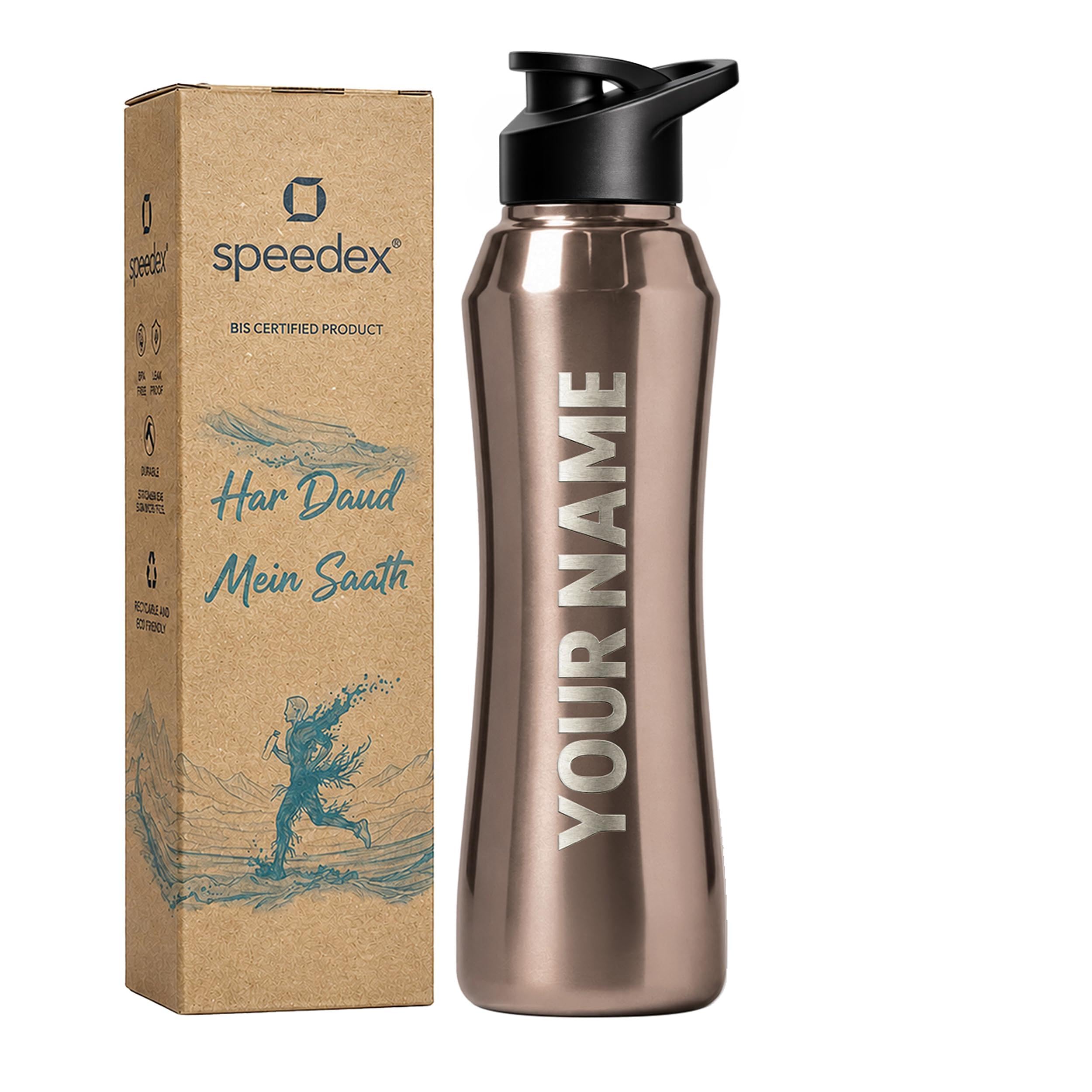 Speedex Customised Engraved Name Stainless Steel Water Bottle 1 Ltr – Personalised Sipper Cap Bottle for Kids, Men & Women, School, Gym, Travel, BIS Approved, Copper Gold, Set of 1