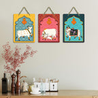 Artvibes Sacred Cows Pichwai Art Decorative Wall Hanging Ornaments | Living Room | Office | Wall Art Painting For Hall | Graphic Artwork | Wall Art Print | Unique Gift Items (WH_96176N), Set of 3