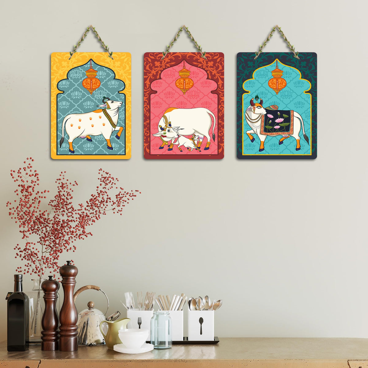 Artvibes Sacred Cows Pichwai Art Decorative Wall Hanging Ornaments | Living Room | Office | Wall Art Painting For Hall | Graphic Artwork | Wall Art Print | Unique Gift Items (WH_96176N), Set of 3