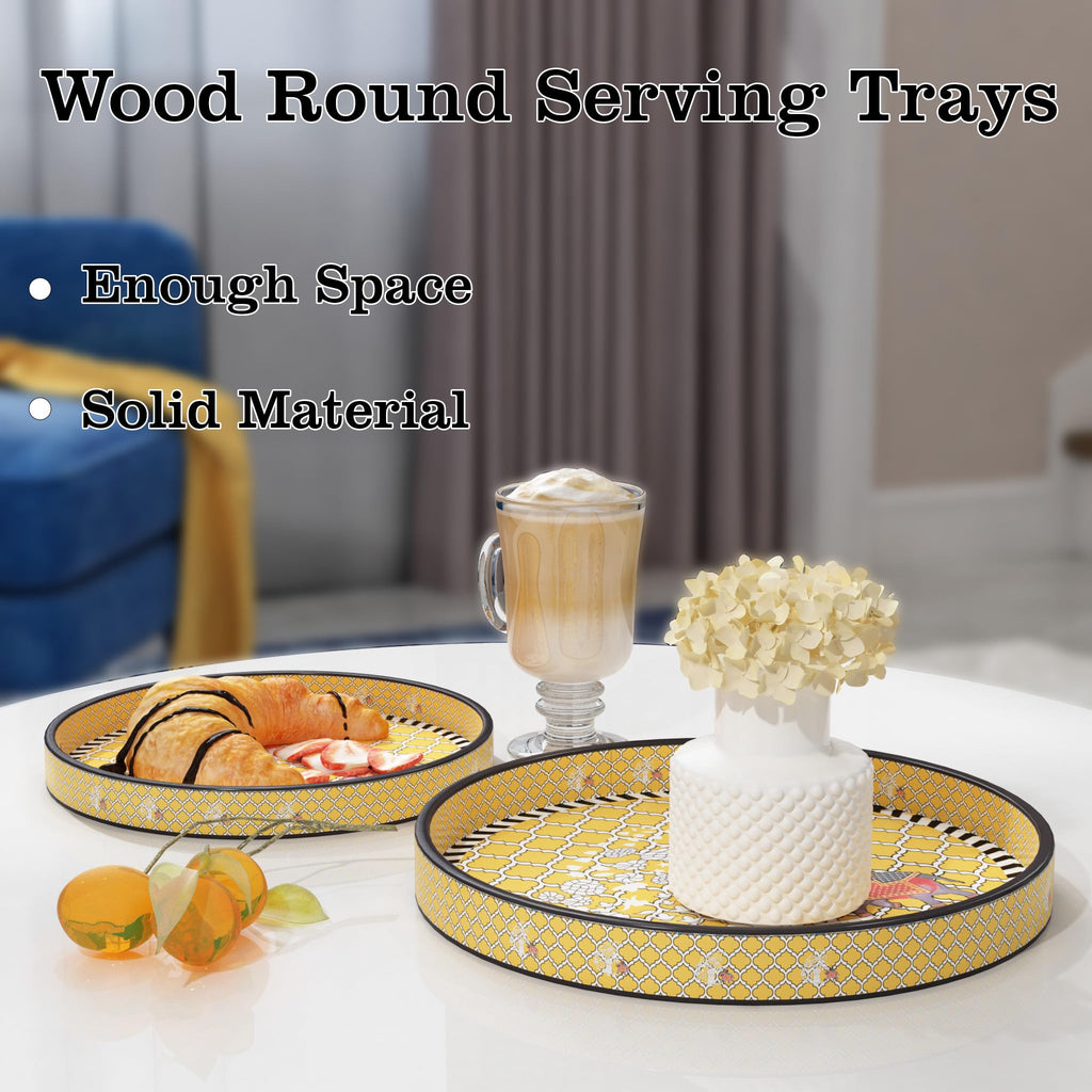 VDIX Handcrafted Wooden Serving Tray Set of 2 | Fancy Round Decorative Trays with Floral & Bird Design | Premium Serving Trays for Coffee, Snacks & Home Décor | Kitchen & Dining Gift