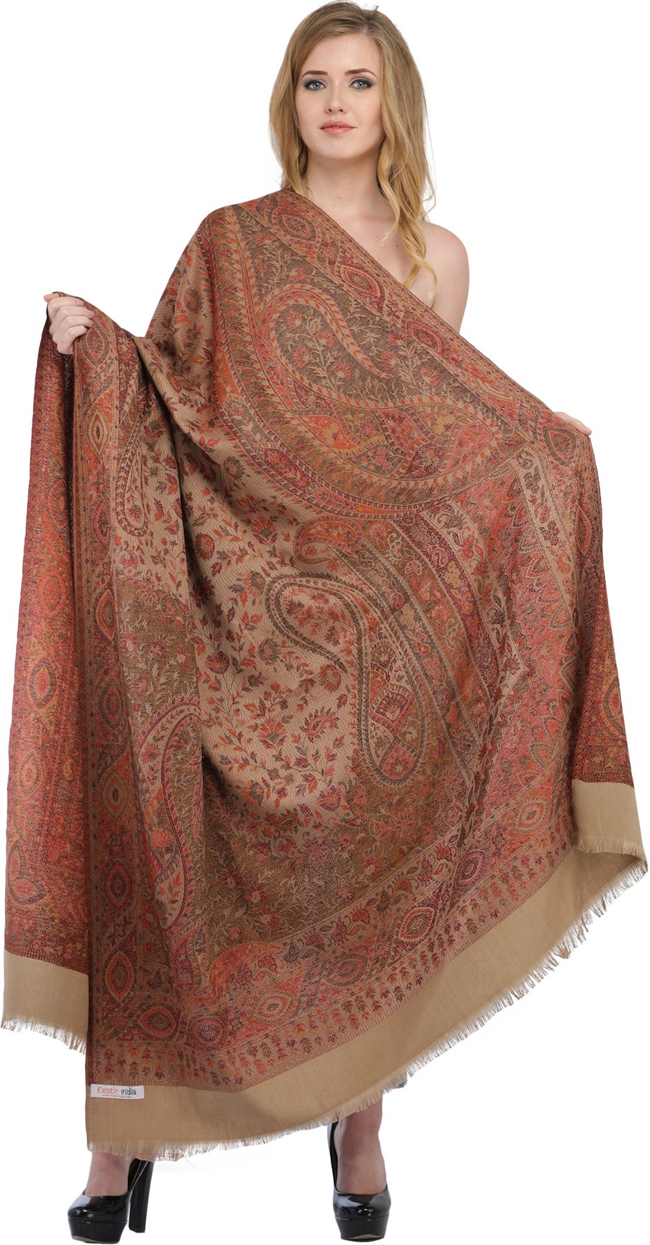 Exotic India Women's Reversible Jamawar with Woven Paisleys Wool Shawl (SWL33--light-taupe)
