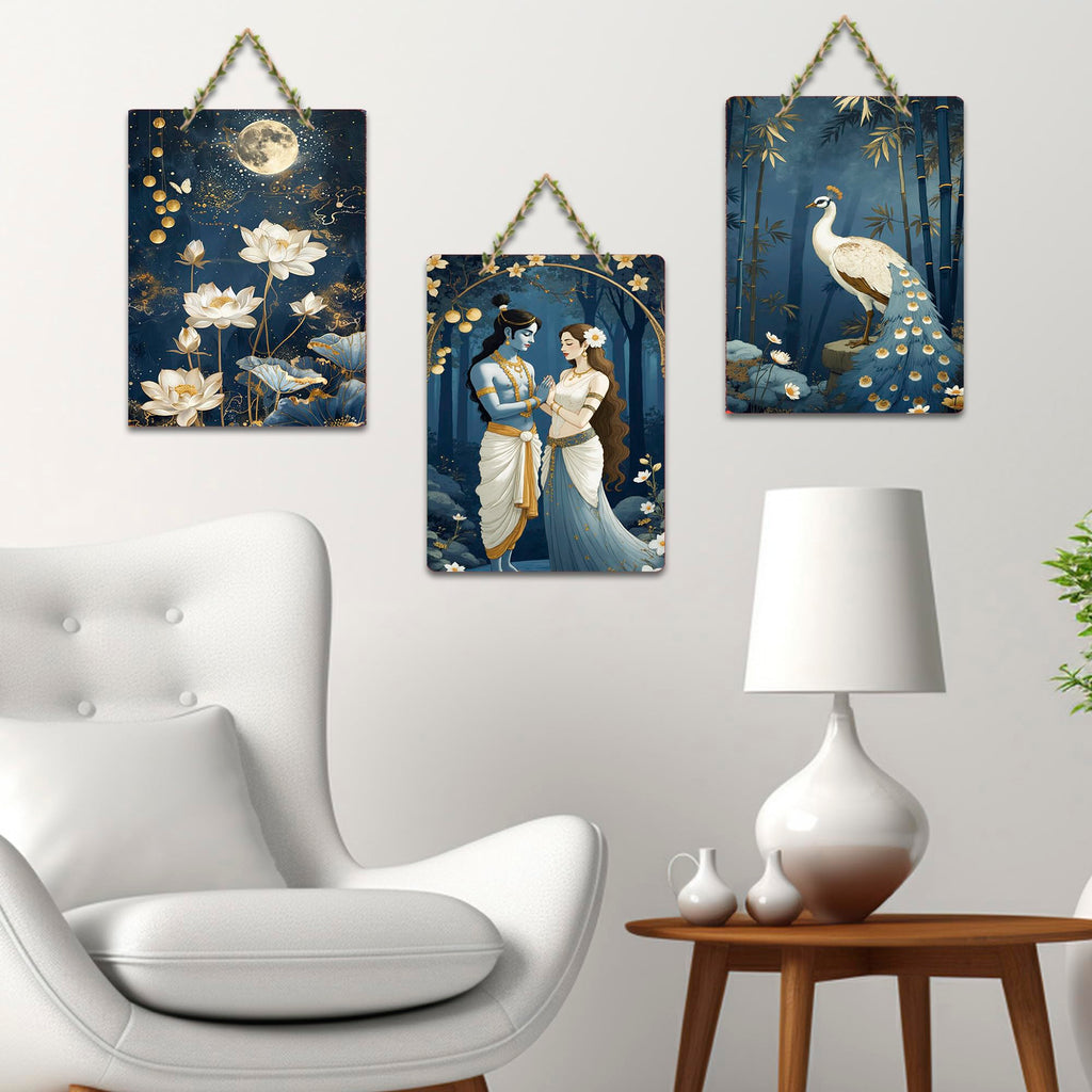Artvibes Divine Radha Krishna With Lotus And Peacock Wall Art Wall And Door Hanging for Home | Spiritual Decor Items | Wall Poster | Artwork | Painting | Gift Items (WH_9629N), Set of 3