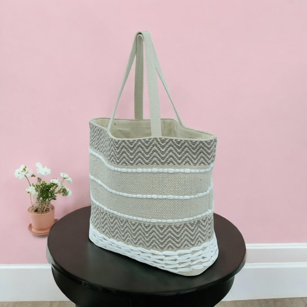 DOLCE CASA Large Eco-Friendly Handmade Boho Cotton Handbag For Cloth Shopping Bags For Market Carry Milk, Fruits, And Vegetables jhola bag, 20×5×15 Inches (1, White/Beige, 20 X 5 X 15)