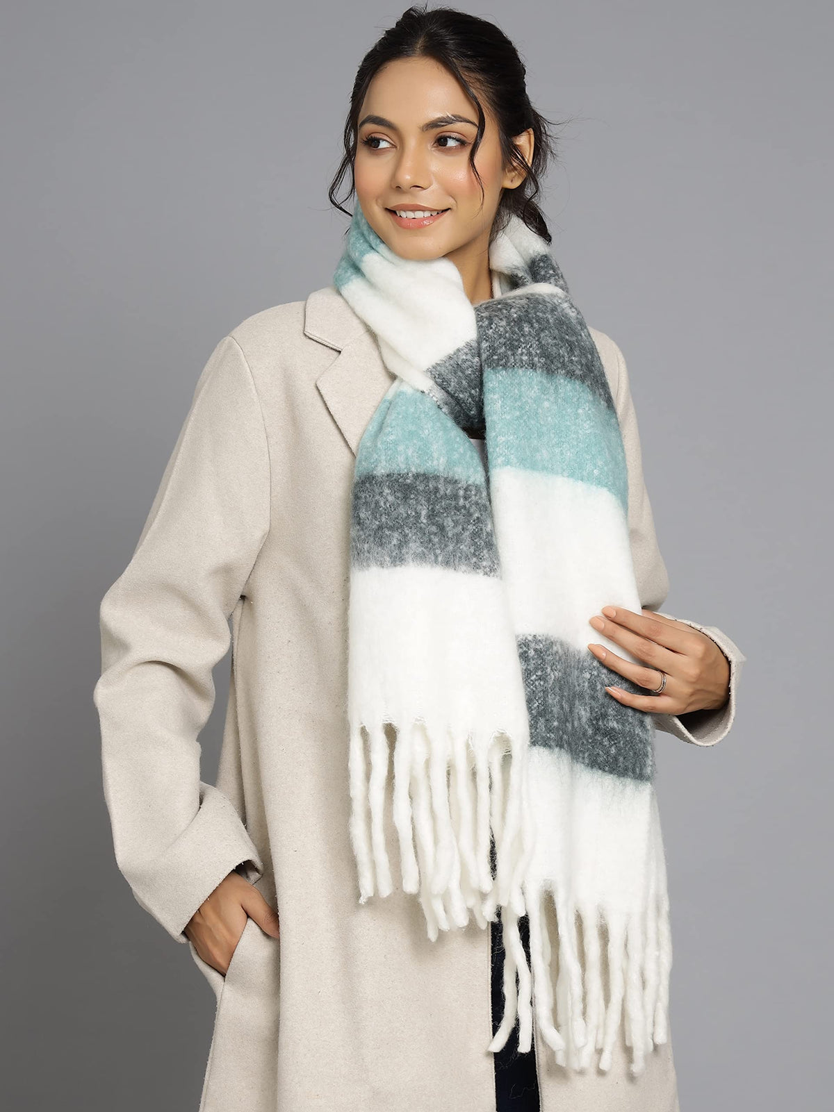 Ravaiyaa - Attitude is everything Women's Cashmere Wool Acrylic Scarf Winter Long Scarves, Neck Wrap 72 X 14 Inch (White & Grey)
