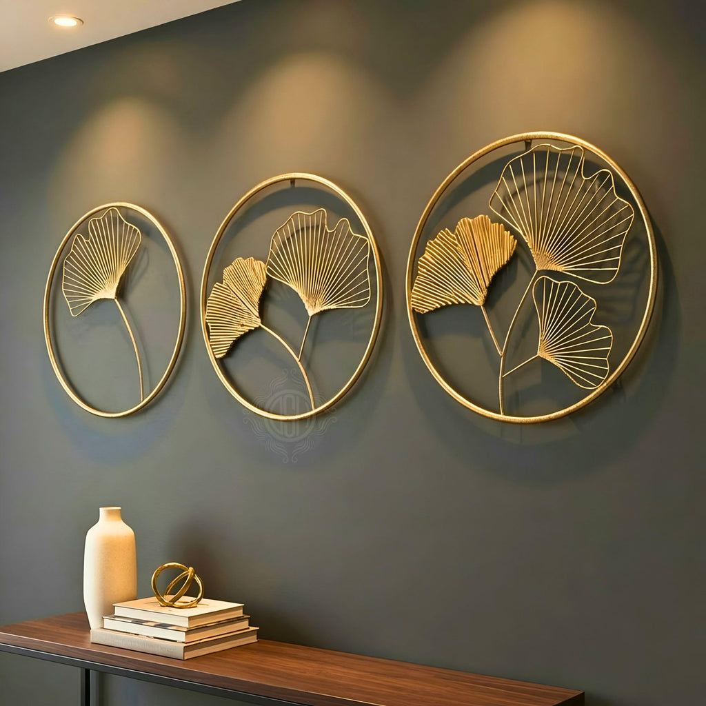 DSH CRAFTING YOUR CURIOSITY Metal Round Shaped Beautiful Leaf Wall Decor Wall Arts Perfect For Living Room Hotel Restaurant Bedroom Drawing Room. (Set Of -3)