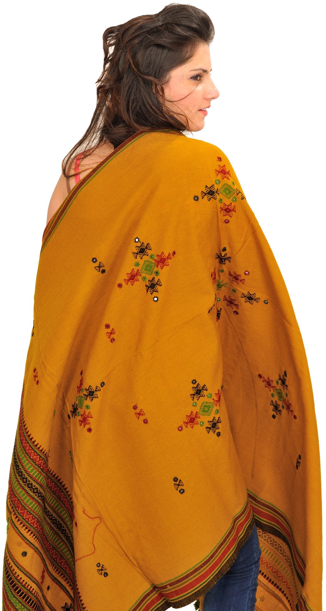 Exotic India Shawl from Kutch with Embroidered Bootis and Mirrors - Color Spruce YellowColor Free Size