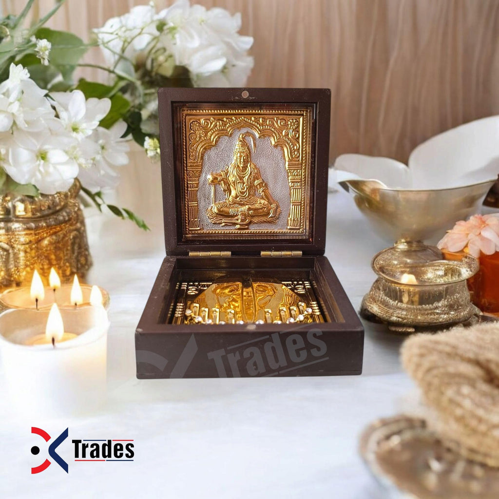 DK trades® Gold Plated Lord Shivji Pooja Box - Premium Gold Shivji for Pooja Box| Pocket Temple Shivji with Charan Paduka| Unique Home, Office