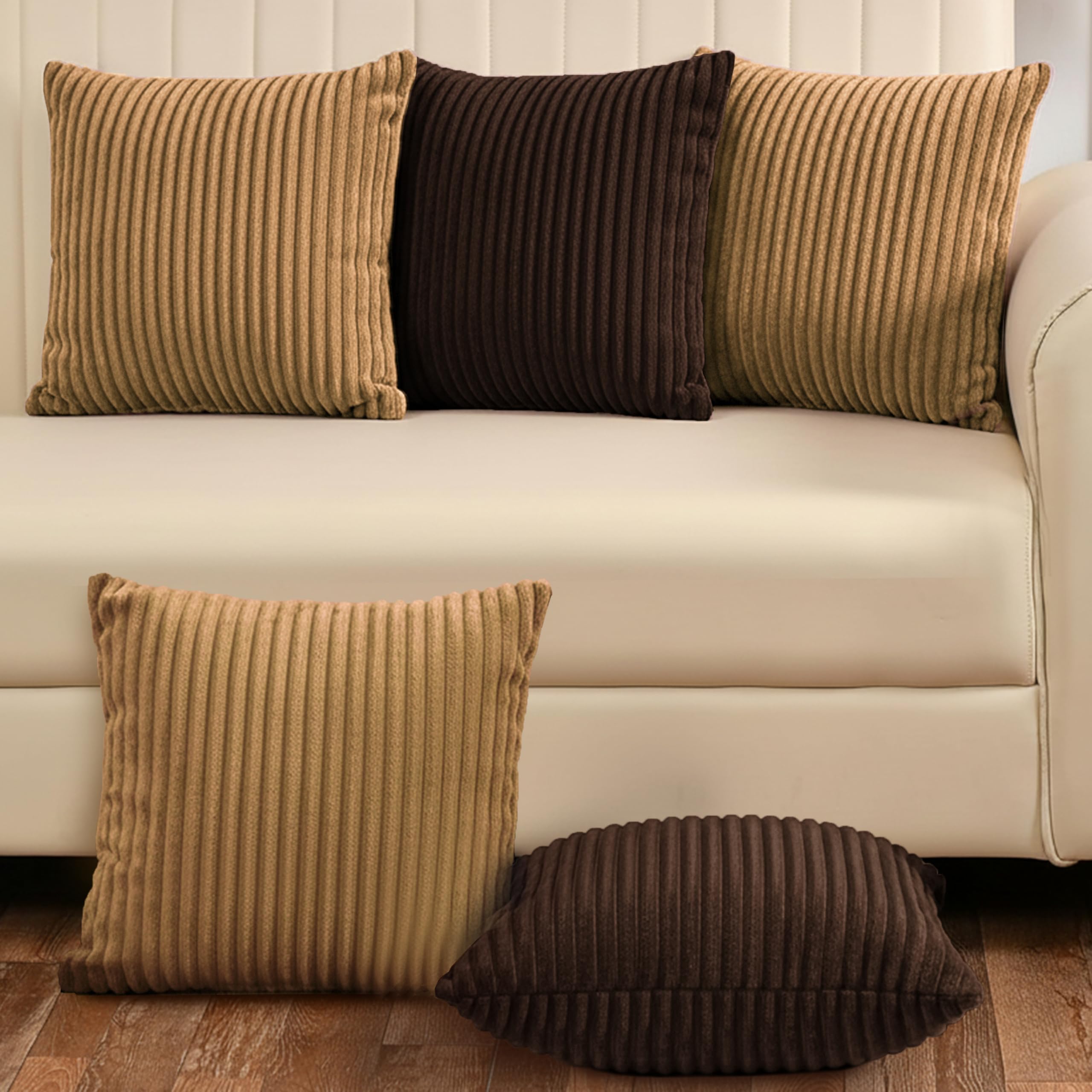 Yellow Weaves Pencil-Stripe Fur Cushion Covers | Soft Polyester | Decorative Sofa & Throw Pillow Covers | 16x16 Inches, Pack of 5 (Coffee & Golden Brown)